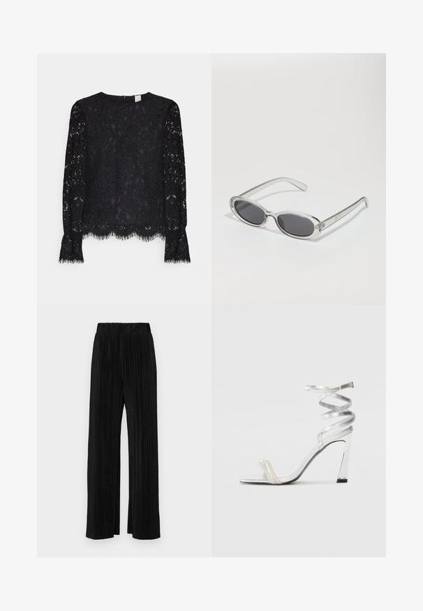 Fekete csipke, hosszú ujjú felső, kerek nyakkivágással, fodros szegéllyel és bojtós mandzsettával. Texturált minta virágos elemekkel az egész felületen.; Fekete pliszírozott nadrág gumis derekkal. Széles lábakkal rendelkezik, sima, texturált anyagból készült, függőleges csíkokkal.; Ezüst színű, magas sarkú szandál, csillogó pánt dizájnnal, gyöngyszerű díszítéssel és spirális bokapánttal a biztos illeszkedés érdekében.; Ovális formájú napszemüveg, átlátszó műanyag keret, sötétszürke lencsék és vékony, átlátszó szárak, logóakkcentussal és minimális díszítéssel.; Fekete bőrtáska ívelt formával, levehető pánttal és arany színű fémrészekkel. A táskán egy csattal díszített fedél található.