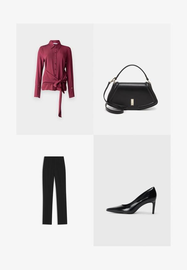 Camicia bordeaux in tessuto liscio, con colletto, chiusura con bottoni, maniche lunghe e dettaglio in vita annodato. Accento dorato sulle maniche.; Pantaloni neri su misura con un design a gamba dritta, dotati di tasche frontali e un tessuto liscio e strutturato. Dettagli ordinati e minimalisti.; Scarpa con tacco alto in pelle nera, con punta affusolata, texture liscia e tacco rastremato. Design minimalista, senza ulteriori decorazioni.; Borsa a mano in pelle nera con un design strutturato, caratterizzata da una forma corta, manico superiore e accessori in metallo dorato. Inclusa tracolla regolabile.