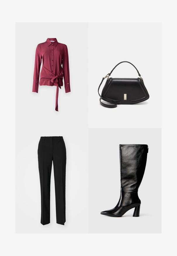 Burgunderfarget bluse laget av glatt stoff, med krage, knappefront, lange ermer og en knyttedesign i midjen. Gullfargede detaljer på ermene.; Sorte skreddersydde bukser med rett silhuett, med en glatt tekstur og klare pressede bretter foran. Ingen synlig maskinvare.; Knæhøye svarte lærstøvler med spiss tå, glatt tekstur og tykk hæl. Har glidelåsdetalj på baksiden.; Sort lærveske med en strukturert design, som har en avkortet form, topphåndtak og detaljer i gull. Justerbar skulderstropp inkludert.
