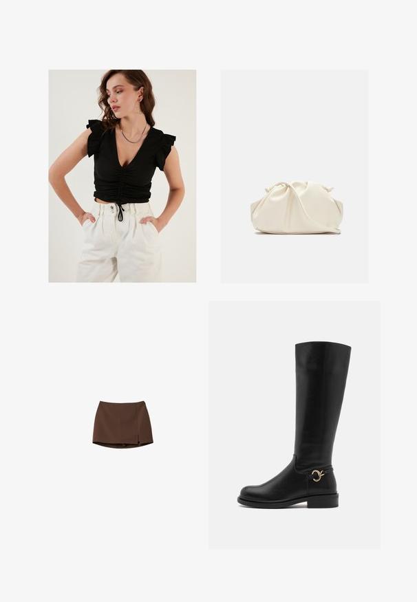 LELA SLIM FIT - Blúzka - black; Hnedá sukňa vyrobená z hladkého materiálu, s rovnými strihom a postranným rozparkom. Jednoduchý dizajn bez vzorov alebo kovových detailov.; Anna Field Wide Fit Čižmy - black; Krémová, mäkká taška z umelého kože s nariaseným dizajnom, nastaviteľným popruhom a jemným šnurovaním. Hladký povrch a zaoblený tvar.; Strieborné visacie náušnice s zaoblenými, reflektujúcimi povrchmi; minimalistický dizajn s hladkou textúrou a jemným detailom značky.