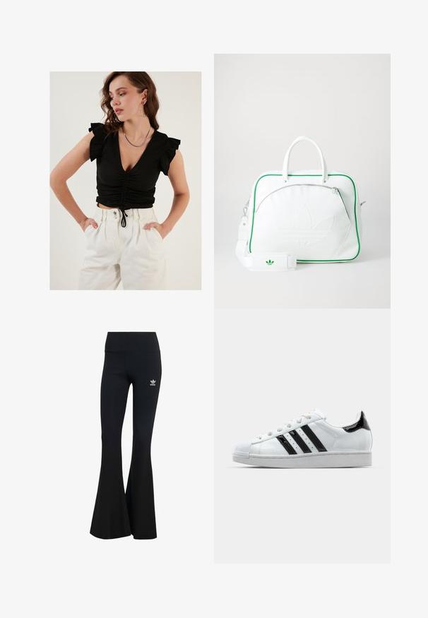 LELA SLIM FIT - Pluus - black; Mustad ribad flared retuusid laia vöökohtaga, millel on vasakul ülal väikene valge Adidas'i logo. Pehme kangastekstuuri.; Valged tennisetossud mustade lakknahast aksentidega, kolm musta triipu ja kummine varbakaitse. Omab valgeid paelu ja siledat tekstuuriga pealispinda.; Valge nahast kott rohelise äärisega, millel on esiletõstetud embosed logo, kahekordsed käepidemed, eemaldatav rihm ja lukuga esi-tasku.