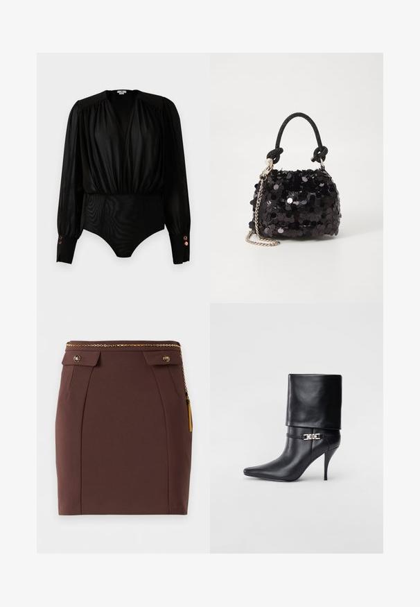 Body negru cu mânecă lungă, decolteu în V adânc drapat, umeri bufanți, manșete largi cu trei nasturi metalici și secțiune inferioară ajustată.; Fustă mini ajustată de culoare maro, cu curea din lanț auriu, clape decorative cu nasturi și detalii cu ciucuri aurii pe un fundal simplu.; Botine negre din piele, cu vârf ascuțit, toc înalt și subțire, cu manșetă pliată și un detaliu decorativ cu cataramă aurie la gleznă.; Geantă mini neagră cu paiete, cu un umar texturat înnodat și un lanț argintiu. Formă rotundă cu partea de sus adunată și detalii reflectorizante.