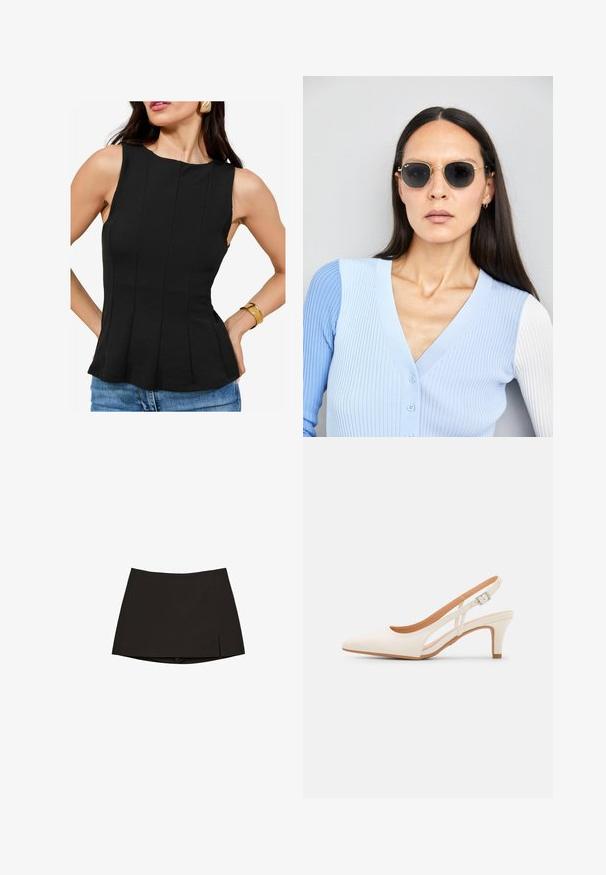 Musta ilmanhiha paita, jossa on pyöreä pääntie ja pystyröyhelöitä. Kangas on sileäpintainen. Yhdistetty farkkushortseihin ja kultaketjuun.; Musta mini-hame suoran leikkauksen ja kevyen sivureiän kanssa. Valmistettu sileästä kankaasta, jossa on puhdas helma ja minimalistinen muotoilu.; Valkoinen slingback-korkokenkä, jossa on terävä kärki, sileä päällismateriaali, matala lohkokorko ja sivuaukko-design säädettävällä soljella.; Pyöreät aurinkolasit, joissa on tummat linssit ja kultaiset kehykset. Mallilla on päällään vaaleansininen, ribatusta materiaalista valmistettu neuletakki, jossa on napit ja kontrastiväriset valkoiset hihat.; Michael Kors kääröbeige pinnoitettua kangasta, jossa on toistuva MK-logo -kuvio, kultaiset yksityiskohdat ja irrotettava ketjuhihna.