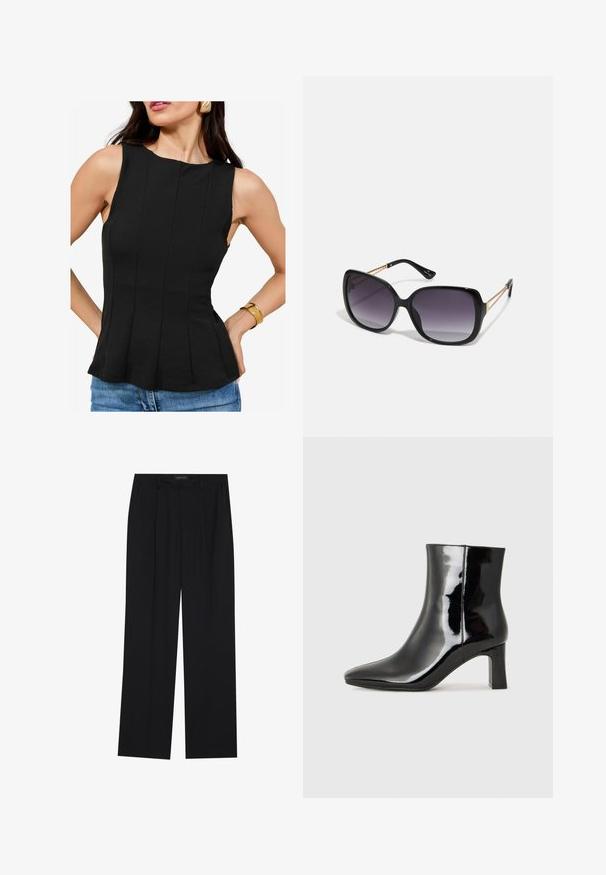 Musthave mustata seljaosa, ümmarguse kaeluse ja vertikaalsete voldikutega. Kanga pind on sile. Kombineeritud denimpükste ja kuldse käevõruga.; Mustad püksid sirgjoonelise disainiga, millel on kaks esist taskut ja muudatus. Valmistatud siledast, kergekaalulisest kangast.; Must-sinine nahkjalats musta läikiva viimistlusega, millel on terav nina ja keskmise kõrgusega plokk konts. Sile tekstuur ja minimalistik disain.; Mustad ümarad päikeseglaasid, millel on gradient objektiivid, paksud raamid ja kuldse tooni kettaga kaunistused tempelitel.