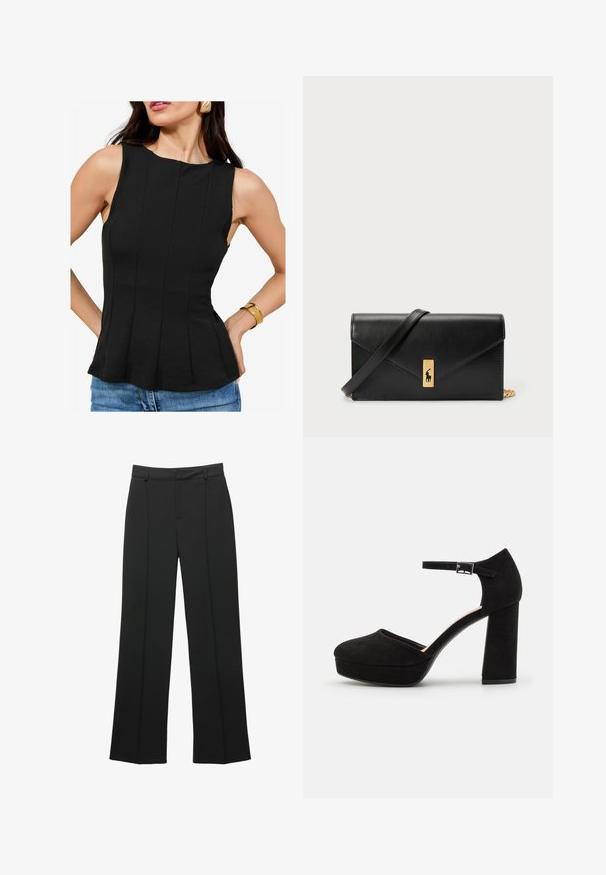 Sort ærmeløs top med rund halsudskæring og lodrette plisseringer. Stoffet har en glat tekstur. Kombineret med denimshorts og et guldarmbånd.; Sorte højtaljede brede bukser med bæltestropper og en forside søm detalje, vist på en hvid baggrund.; Sorte ruskinds platform hæle med en tyk blokhæl, rund tå og ankelrem fastgjort med en metalspænde. Glat tekstur hele vejen igennem.; Sort lædertegnebog med en fold-over klap, guldfarvet hardware og en logoaccent. Inkluderer en aftagelig rem til bæring.