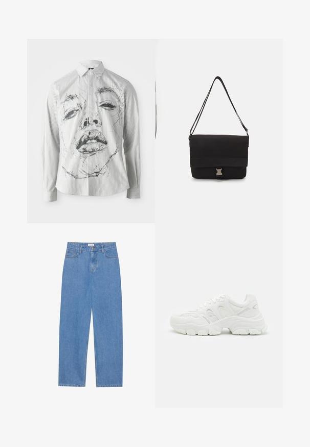 Chemise à manches longues rayée avec une illustration de visage monochrome sur le devant. Le tissu est lisse avec un col classique et des détails de boutons.; Jean en denim bleu clair avec une coupe droite, design à cinq poches, fermeture à un bouton et détails de couture subtils sur les coutures.; Baskets de sport blanches avec tige en mesh et accents en cuir, semelle en caoutchouc texturé, et design volumineux avec des contours remarquables.; Sac messager noir en matériau lisse, avec un rabat repliable, des fermoirs en métal argenté et une bandoulière réglable.