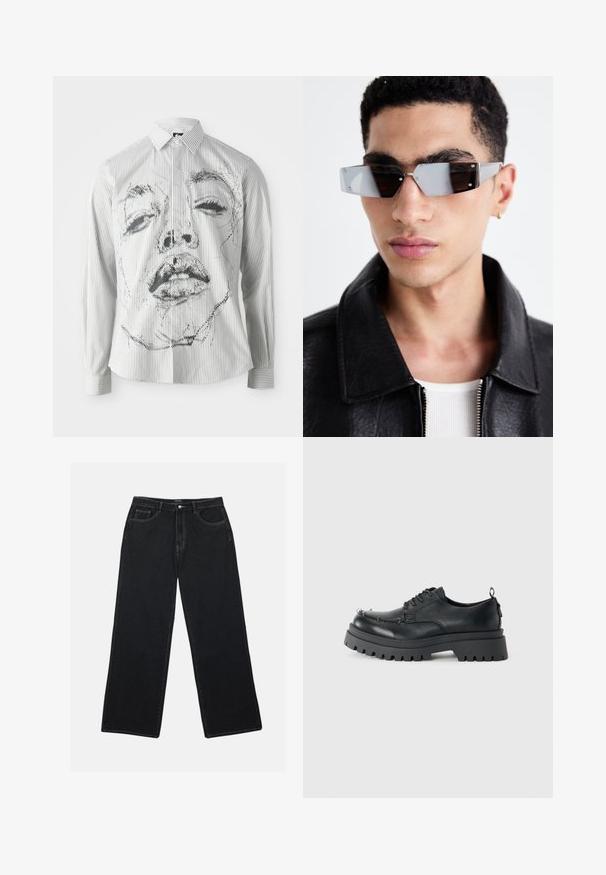 Pruhovaná košile s dlouhým rukávem se monochromatickou ilustrací obličeje na přední straně. Materiál je hladký, má klasický límec a detaily s knoflíky.; Černé džíny s širokými nohavicemi mají vysoký pas, přední kapsy a kontrastní šití. Látka má hladký, mírně texturovaný povrch.; Černá robustní kožená šněrovací bota s tlustou odolnou podrážkou a metalovými očky v oblasti prstů, vyfocena na jednobarevném světlém pozadí.; Avenované sluneční brýle se šedým nádechem a stříbrnými doplňky, umístěné na světlém pozadí. Skla mají jedinečný geometrický tvar.