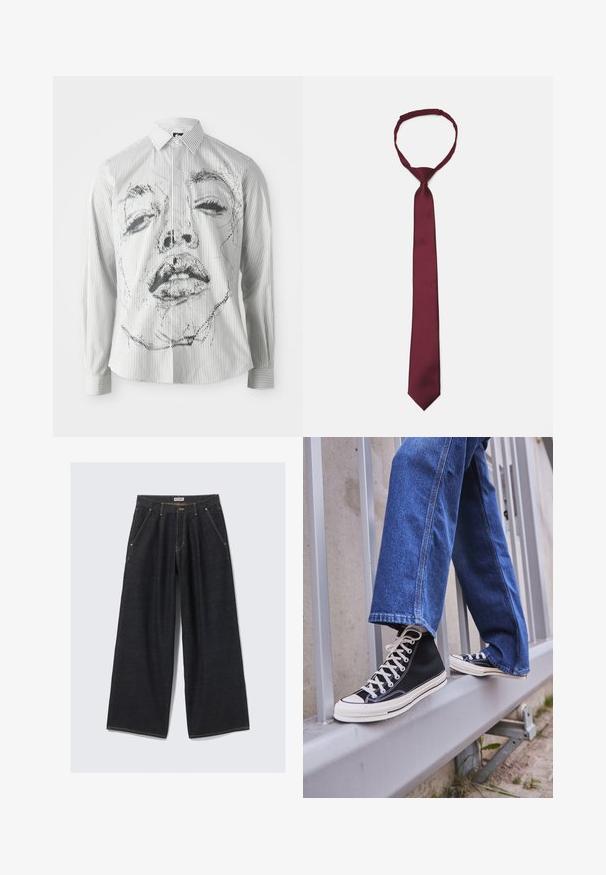 Gestreepte langekleurige shirt met lange mouwen, voorzien van een monochrome gezichtsillustratie op de voorkant. De stof is soepel met een klassieke kraag en knoopdetails.; Donkerblauwe wijde jeans met plooien aan de voorkant, schuine zakken, riemlussen en een knoopsluiting bij de taille met het label "WEEKDAY."; Zwarte hoge sneakers met witte zool en veters, gecombineerd met losse blauwe denim jeans, rustend op een grijze leuning.; Bordeaux satijnen stropdas met een gladde textuur, smalle breedte en spitse punt; voorzien van een lus voor eenvoudig dragen.