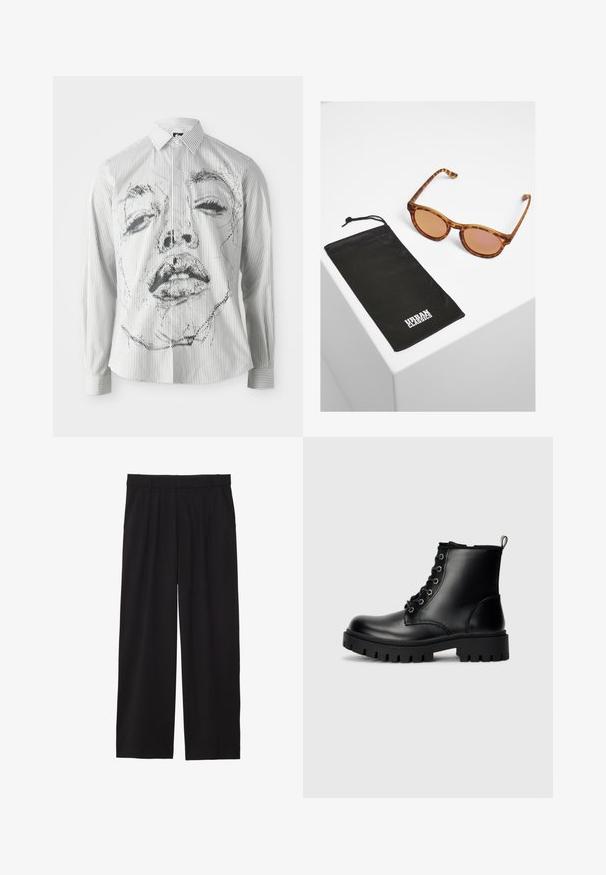 Stribet langærmet skjorte med en monochrom ansigtillustration på fronten. Stoffet er glat med en klassisk krave og knapdetaljer.; Sorte brede bukser med en plisseret front, sidelommer og en glat stoftekstur. Designet til en afslappet pasform.; Sorte læder ankelstøvler med rund tå, snørebånd og en robust, tyk sål. Har en løftesløjfe ved hælen og sølvdetaljer.; Brune skildpadde-solbriller med pink linser, der har en retro form. Inkluderer en sort stofpose med "URBAN CLASSICS" logo.