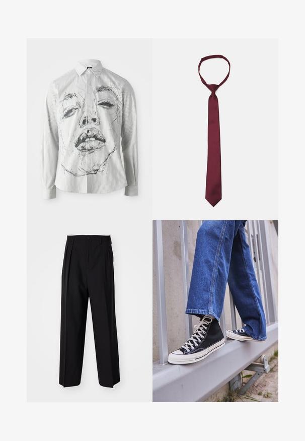 Striped long-sleeve shirt featuring a monochrome face illustration on the front. The fabric is smooth with a classic collar and button details.; Black pleated trousers with a straight, wide-leg design. Made from smooth fabric, featuring a button closure and belt loops.; Black high-top sneakers with white sole and laces, paired with loose blue denim jeans, resting on a gray railing.; Burgundy satin tie with a smooth texture, narrow width, and pointed tip; features a loop for easy wear.