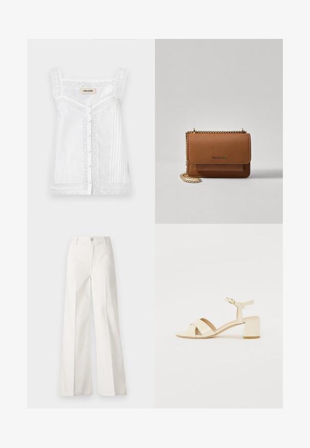Fehér ujjatlan felső csipke részletekkel, függőleges pliszírozással és gombos záródással elöl. Hullámos csipke nyakvonal és pántok jellemzik.; Fehér, bővebb nadrág, amely pamutból készült, sima textúrával. Elöl gombbal, cipzáras záródással és négy zsebes kialakítással rendelkezik.; Beige lakkbőr magassarkú szandál, kereszttartós kialakítással, nyitott orral, állítható bokapánttal és tömbsarokkal. Sima textúrával.; Barna textúrájú bőr keresztbody táska arany lánc pánttal és fedélzárral. Az elején logó részlet és egy zseb található a fedél alatt.