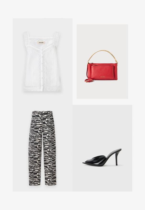 Fehér ujjatlan felső csipke részletekkel, függőleges pliszírozással és gombos záródással elöl. Hullámos csipke nyakvonal és pántok jellemzik.; Fekete-fehér csíkos zebra mintás nadrág egyenes szabással, gombos és cipzáras záródással, valamint két elülső zsebbel.; Fekete bőr, nyitott orrú, hegyes kialakítású, sima textúrájú, és karcsú tűsarokkal rendelkező magassarkú mules.; Piros bőr kézi táska textúrázott felülettel, arany lánccal és pánttal, elülső cipzáras zsebbel és dombornyomott logóval. Kompakt és struktúrált dizájn.