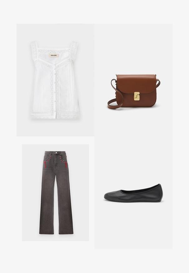Weißes ärmelloses Oberteil mit Spitze, vertikalen Falten und einer Knopfverschluss vorne. Es hat einen wellenförmigen Spitzenhalsausschnitt und -träger.; Weit geschnittene, hochtaillierte Jeans aus verblasstem schwarzem Denim mit roten Schnürsenkeln und Metallösen an den Vordertaschen. Mit klassischem Knopf- und Reißverschluss.; Schwarze Leder-Ballettschuhe mit abgerundeter Spitze, glatter Textur, minimalen Nähdetails und einem flexiblen Sohlen-Design.; Braune Ledertasche mit Klappenverschluss, Beschlägen in Goldfarbe, einem Schultergurt und einer glatten Oberfläche. Kompakte rechteckige Form.