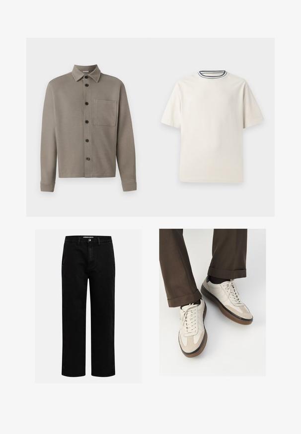 Cămașă butonată gri deschis dintr-un material moale; are un guler ascuțit, mâneci lungi și un singur buzunar pe piept. Butoanele negre detaliază partea din față.; Tricou din bumbac de culoare crem, cu mâneci scurte, având un decolteu rotund accentuat cu dungi bleumarin și albe. Textură netedă, croi confortabil.; Pantaloni din denim negri cu croi drept, design clasic cu cinci buzunare și închidere cu nasture la talie. Textură netedă și material durabil.; Adidași bej cu un vârf din suede texturat, laterale din piele netedă și o talpă din cauciuc maro. Șireturile și detalii de cusătură subtilă incluse.