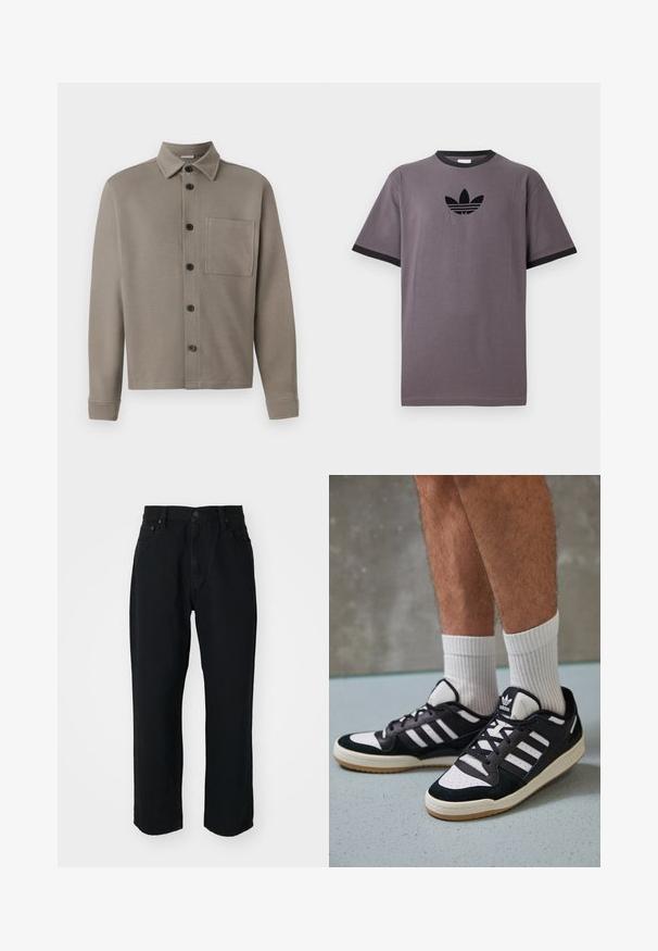Lys grå knappskjorte laget av mykt stoff; har spiss krage, lange ermer og en enkelt brystlomme. Svart knapper pryder forsiden.; Grå bomulls T-skjorte med svart ribbet rund hals og korte ermer, med en svart Adidas-logo på brystet.; Svarte denimjeans med rett snitt, lett tekstur, fem-lomme design og knappelukking i livet.; Sorte og hvite sneakers med overdel i semsket skinn og lær, med tre hvite striper, perforert tå og en såle av gummi.