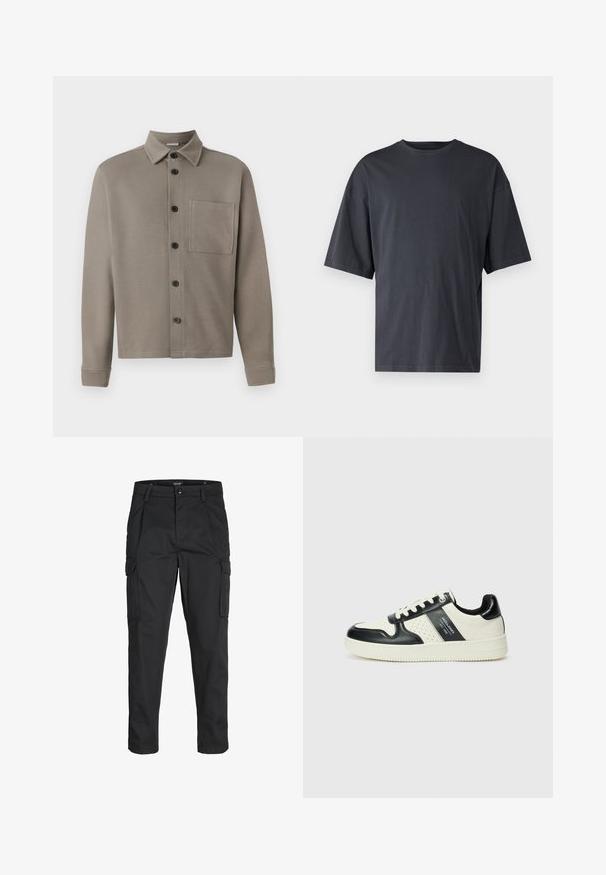 Chemise à boutons grise clair en tissu doux ; dotée d'un col pointu, de manches longues et d'une poche poitrine. Des boutons noirs ornent l'avant.; T-shirt à manches courtes gris foncé en coton léger, avec une coupe ample et un col rond classique, présentant une texture unie et sans motifs.; Pantalons cargo noirs en tissu résistant, dotés de plusieurs poches, d'une fermeture par bouton et d'une coupe slim avec des jambes fuselées.; Baskets en cuir avec un schéma de couleurs noir et crème, dotées d'accents perforés, d'un col rembourré et d'une semelle texturée.