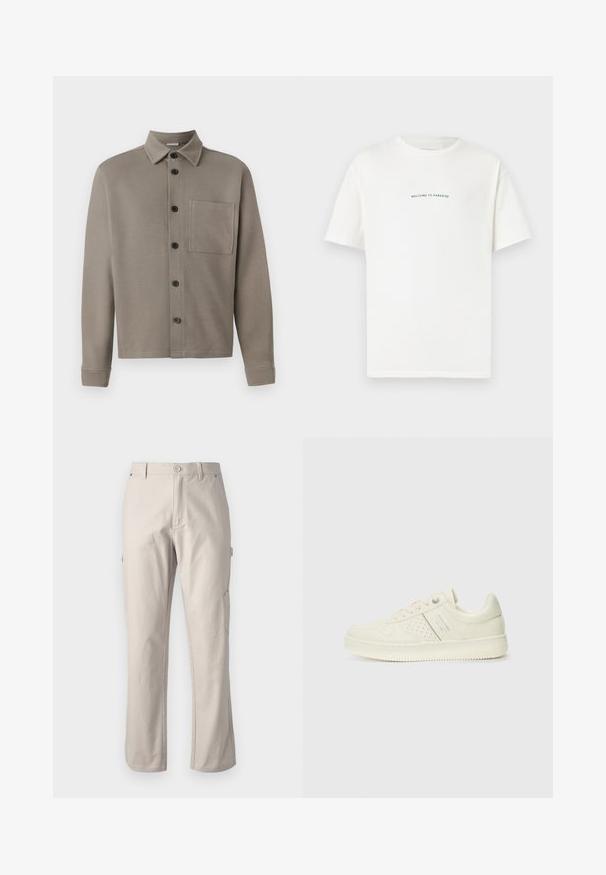 Light gray button-up shirt made of soft fabric; features a pointed collar, long sleeves, and a single chest pocket. Black buttons detail the front.; White cotton t-shirt with short sleeves and a crew neck. Centered text reads "WELCOME TO PARADISE" in a curved green font.; Beige cargo pants made of sturdy cotton with straight legs, front button closure, and side pockets for utility. Smooth texture with subtle stitching.; Cream-colored sneaker with perforated detailing, laces, and logo on the side, displayed against a plain white background.