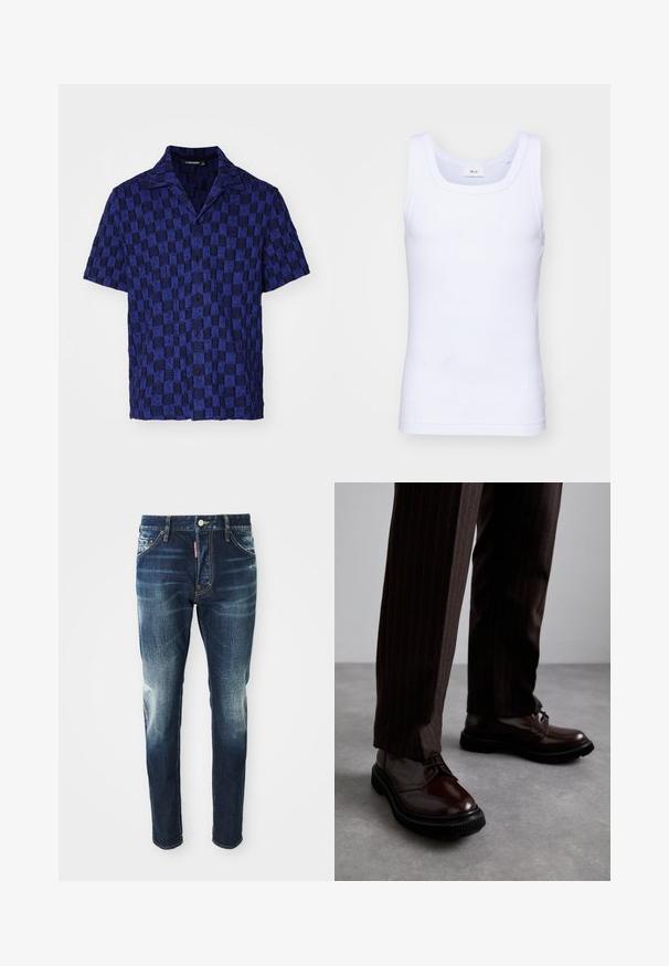 J.LINDEBERG TORPA RESORT - Skjorter - bridge stack blue; Hvid bomulds ærmeløs tanktop med rund halsudskæring, der har en glat tekstur og en tætsiddende pasform, designet til casual brug.; Mørkeblå denim jeans med slim fit, med udvaskede områder på lårene og knæene, fem lommer og metalknaplukning.; Brune læder snørebåndssko med en glat finish, sort gummisål og diskret syning. Båret med brune bukser med striber.