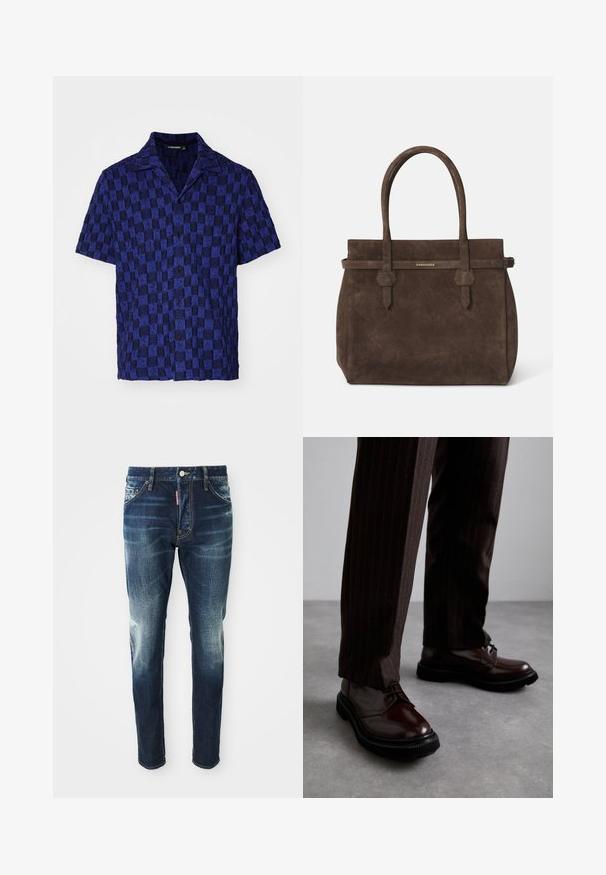 J.LINDEBERG TORPA RESORT - Skjorter - bridge stack blue; Hvid bomulds ærmeløs tanktop med rund halsudskæring, der har en glat tekstur og en tætsiddende pasform, designet til casual brug.; Mørkeblå denim jeans med slim fit, med udvaskede områder på lårene og knæene, fem lommer og metalknaplukning.; Brune læder snørebåndssko med en glat finish, sort gummisål og diskret syning. Båret med brune bukser med striber.; Mørkebrune suede tote-tasker med to håndtag og et vandret bånd med en lille gul DSQUARED2 logo-plakette.