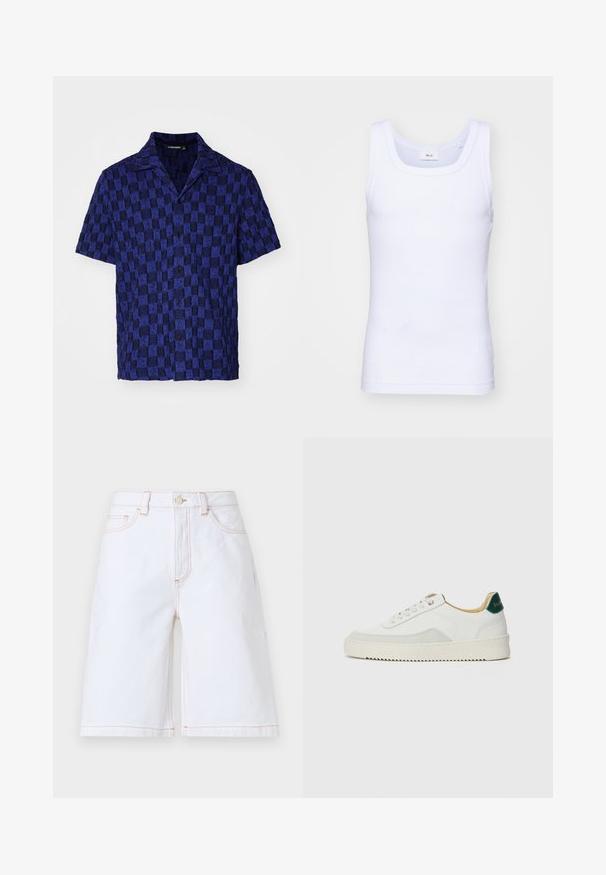 J.LINDEBERG TORPA RESORT - Marškiniai - bridge stack blue; Balti medvilninė be rankovių marškinėliai su apvaliu iškirpimu, pasižymintys lygiu tekstūru ir prigludusia forma, skirti kasdieniam dėvėjimui.; Balti džinsiniai šortai su tiesiu pjūviu, penkiomis kišenėmis ir kontrastine smėlio spalvos siuvinėjimu. Su priekine saga ir užtrauktuku.; Baltos sportbačiai su zomšos akcentais, apvaliu nosiu, plokščiais raišteliais ir kreminės spalvos guminiu padu. Ant kulno yra žalia ženklinimo detalė.