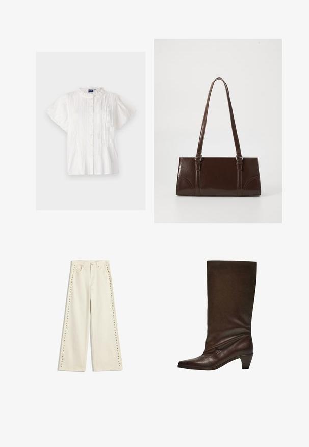 Biała bluzka z krótkim rękawem i okrągłym kołnierzykiem wykończonym koronką, zapinana na guziki, z pionowymi plisami. Miękka tekstura, lekka tkanina.; Jasno kremowe dżinsy o szerokich nogawkach z metalowymi wstawkami wzdłuż zewnętrznych szwów, pięcioma kieszeniami oraz standardowym zapięciem na guzik.; Brązowy skórzany botek za kostkę z szpiczastym noskiem, luźnym fasonem i zwężającym się obcasem. Gładka tekstura bez wzorów i dodatkowych elementów.; Brązowa torebka z lakierowanej skóry o prostokątnym kształcie, z dwiema długimi rączkami i subtelnymi zaokrągleniami z przodu.