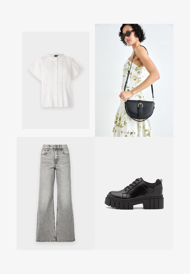 White short-sleeve blouse with a round lace-trimmed collar, button front, and vertical pleats. Soft texture, lightweight fabric.; High-waisted, wide-leg jeans made of light gray denim. Features a button and zipper closure, front pockets, and visible seams.; Black leather platform shoes with a chunky block heel, round toe, and traditional lace-up design. Features smooth texture and minimal detailing.; Black leather handbag with a curved shape, detachable strap, and gold hardware. The bag features a flap with a buckle detail.