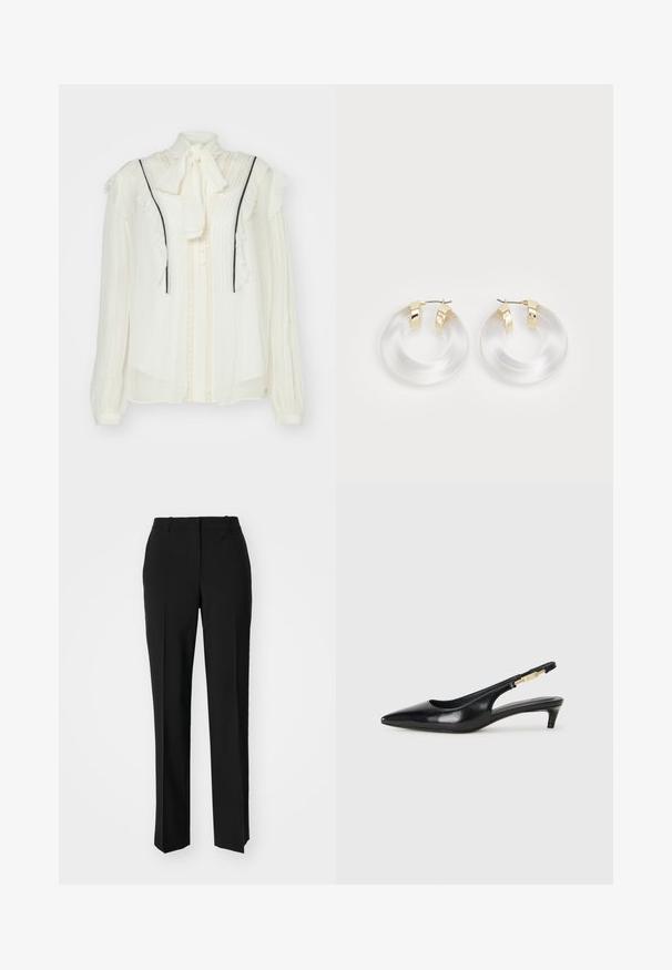 Weiße Bluse mit langen Ärmeln, Rüschenmanschetten, gefaltetem Vorderteil, Spitzenakzenten und einem Krawattenverschluss am Kragen. Verfügt über schwarze Borten entlang der Nähte.; Schwarze, taillierte Hose mit geradem Bein, aus einem glatten Stoff und mit klaren Falten an der Vorderseite. Keine sichtbare Hardware.; Schwarze Leder-Slingback-Pumps mit spitzem Schuhblatt, ausgestattet mit einem schlanken Absatz und einem goldfarbigen Akzent am verstellbaren Riemen. Glatte Textur.; Klares Acryl-Hoop-Ohrringe mit Metalldetails in Goldton und polierter Oberfläche. Verfügt über ein glattes, rundes Design.