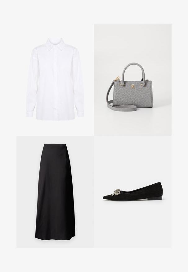 Valge pikkade varrukatega puuvilla särk, mis on varustatud klassikalise krae ja nööpidega, täispikkade varrukatega ja sirge lõikega allääres.; Musthave mustriline elastne seelik sujuva tekstuuriga, kõrge vöökoht, voolav siluett ning nähtavad mustrid või detailid puuduvad.; Must mustast nahkking jalanõud terava varbaga, kaunistatud esiosas dekoratiivse hõbedase paelaga, madala kontsaga.; Tommy Hilfiger ETERNITY MICRO TOTE MONO - Käekott - universal grey