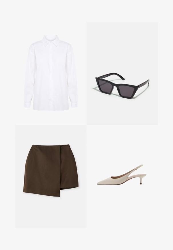 Witte langemouwen shirt gemaakt van katoen, met een klassieke kraag en knoopsluiting, met lange mouwen en een rechte snit aan de onderkant.; By Malene Birger RAYE - A-lijn rok - dark mahogany; Beige slingback hakken met een puntige neus en een lage, uitlopende hak. Gemaakt van glad leer met een minimalistisch ontwerp en een verstelbare band.; Zwarte, hoekige zonnebril met grijze lenzen; gemaakt van plastic, met dikke armen met een gladde oppervlakte en zonder zichtbare hardware.; Tommy Hilfiger ETERNITY MICRO TOTE MONO - Handtas - universal grey; Gouden ketting met schakels in de vorm van ovale ringen, een gestructureerd oppervlak, en een sluiting met een klein rond accent en een verlengketting.
