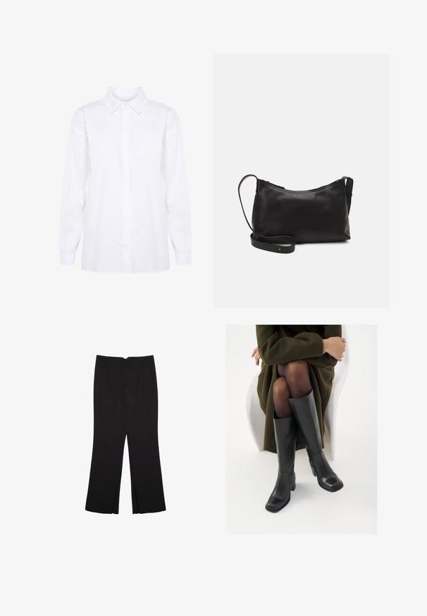 Bijela košulja dugih rukava od pamuka, s klasičnim ovratnikom i zatvaranjem na gumbe, punih rukava i ravnim rezom na rubu.; Crne hlače ravnog kroja, s prednjim džepovima i bočnim prorezima na rubu. Izrađene od mekog i glatkog materijala. Pogodne za razne prigode.; Čizme od crne kože do koljena sa četvrtastim vrhom i blok petom, prikazane s manekenkom koja sjedi u maslinasto zelenom kaputu. Glatka tekstura, minimalni detalji.; Crna kožna torba na rame s glatkom teksturom, zakrivljenim oblikom, podesivim remenom i zatvaranjem na patentni zatvarač. Minimalistički dizajn bez ukrasa.