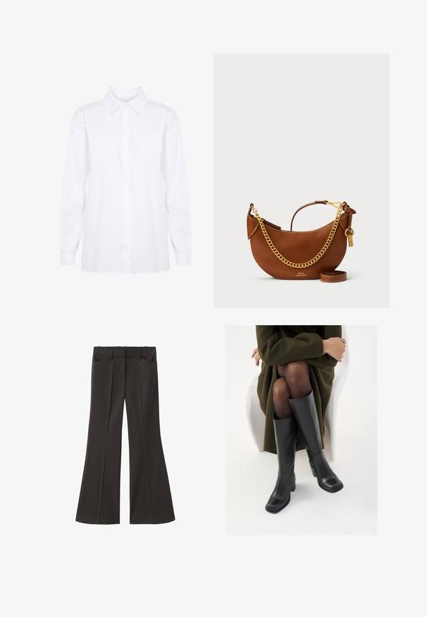 Bílá košile s dlouhým rukávem vyrobená z bavlny, s klasickým límcem a zapínáním na knoflíky, s plnými rukávy a rovně střiženým lemem.; Černé rozšířené kalhoty s vysokým pasem; mají dvě přední kapsy a hladkou texturu látky. Vhodné pro různé příležitosti.; Černé kožené boty po kolena s hranatou špičkou a blokovým podpatkem, předvedené na modelce sedící v olivově zeleném kabátu. Hladký povrch, minimalizované detaily.; Hnědá kožená kabelka s zakřiveným designem, zlatým řetízkem, vnitřní kapsou a odnímatelným ramenním popruhem. Obsahuje kontrastní prošívání.