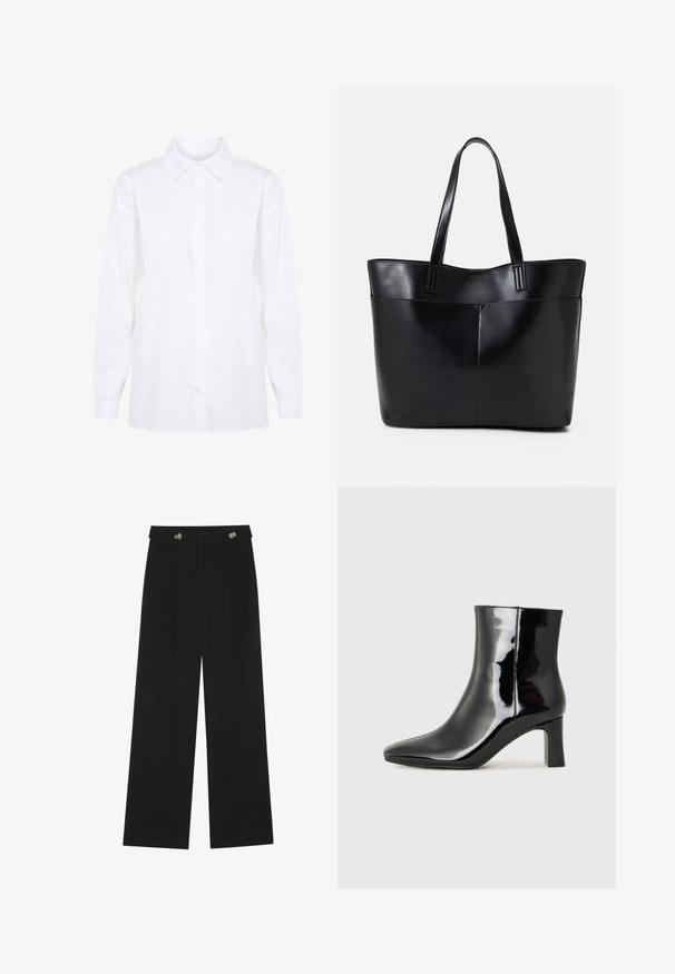 White long-sleeve shirt made of cotton, featuring a classic collar and button closure, with full sleeves and a straight cut at the hem.; Black wide-leg trousers with high waist, button details on waistband, and front pleats.; Black patent leather ankle boot with a pointed toe and a mid-height block heel. Smooth texture and minimalist design.; Black leather tote bag with two long handles, a smooth texture, and a structured shape. Features a front pocket for additional storage.