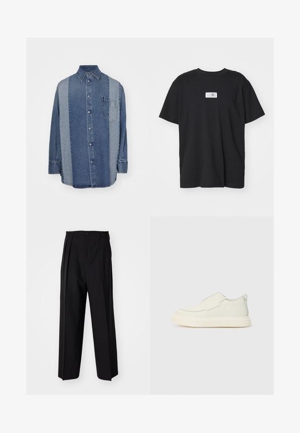 Denim krekls ar divu toņu dizainu, kur tumši un gaiši zili segmenti, pogas priekšpusē, apkakle un krūšu kabata.; Melna kokvilnas T-krekls ar apaļu kaklu, īsām piedurknēm un taisnstūra baltu etiķeti, uz kuras ir skaitļi un grafiskais dizains.; Melnas plisētās bikses ar taisnu, plata kāja dizainu. Izgatavotas no gludas auduma, ar pogu aizdari un jostas cilpiņām.; Baltas slip-on sneakers ar teksturētu apdari, ar noapaļotu purngalu un biezu gumijas zoli. Gaismas šuvju akcenti papildina dizainu.