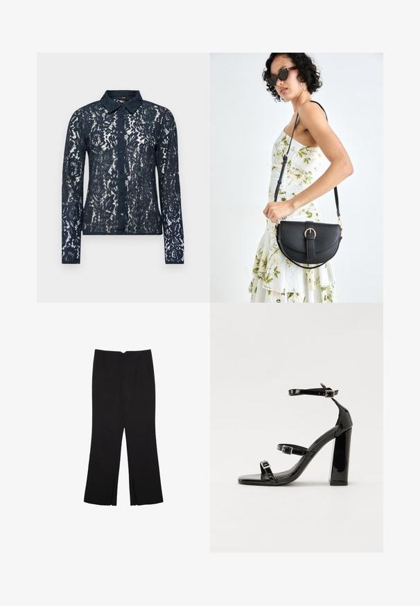 Marineblaue Spitzenbluse mit langen Ärmeln, Blumendesign und Kragen. Verfügt über eine Knopfleiste und zarte Spitzenstruktur.; Schwarze Hose mit geradem Schnitt, ausgestattet mit Fronttaschen und Seitenschlitzen am Saum. Hergestellt aus weichem, glattem Stoff. Geeignet für verschiedene Anlässe.; Schwarze patentierte Sandalen mit Absatz, quadratischer Spitze, Knöchelriemen und silbernen Schnallen. Mit einem stabilen Blockabsatz für mehr Stabilität.; Schwarze Lederhandtasche mit geschwungener Form, abnehmbarem Tragegurt und goldenen Beschlägen. Die Tasche verfügt über einen Deckel mit einer Schnallen-Details.