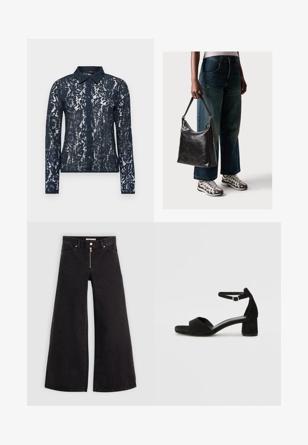 Cămașă bleu cu dantelă, cu nasturi, mâneci lungi, cu un model floral și guler. Prezintă o clapetă cu nasturi și o textură delicată de dantelă.; Jeans cu picioare largi din denim negru, cu fermoar în față, design cu cinci buzunare și detalii subtile de cusătură. Textură netedă și stil casual.; Sandale cu toc din suede negru, cu o curea subțire la gleznă, design cu vârful deschis și un toc modest de tip bloc. Textură netedă și accente minime.; Geantă de umăr din piele neagră, cu o textură netedă și curea ajustabilă, asortată cu blugi evazați și adidași.