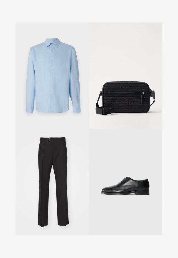 Svetlo modrá tričko s dlhým rukávom vyrobené z ľanu, s gombíkovým zapínaním vpredu, s golierom a rovný strih. Mäkká textúra bez viditeľných vzorov.; Čierne elegantné nohavice s rovnými nohavicami, dvoma prednými vreckami a dvojitým zapínaním na páse. Hladká textúra materiálu.; Čierne kožené formálne topánky s zaoblenou špičkou, hladkým povrchom, šnurovacími detailmi a jemným švom, s nízkym, plochým podpätkom.; Čierna crossbody taška vyrobená z textúrovaného materiálu, s prednou vreckom na zips, nastaviteľným popruhom a embosovanými logovými akcentmi.
