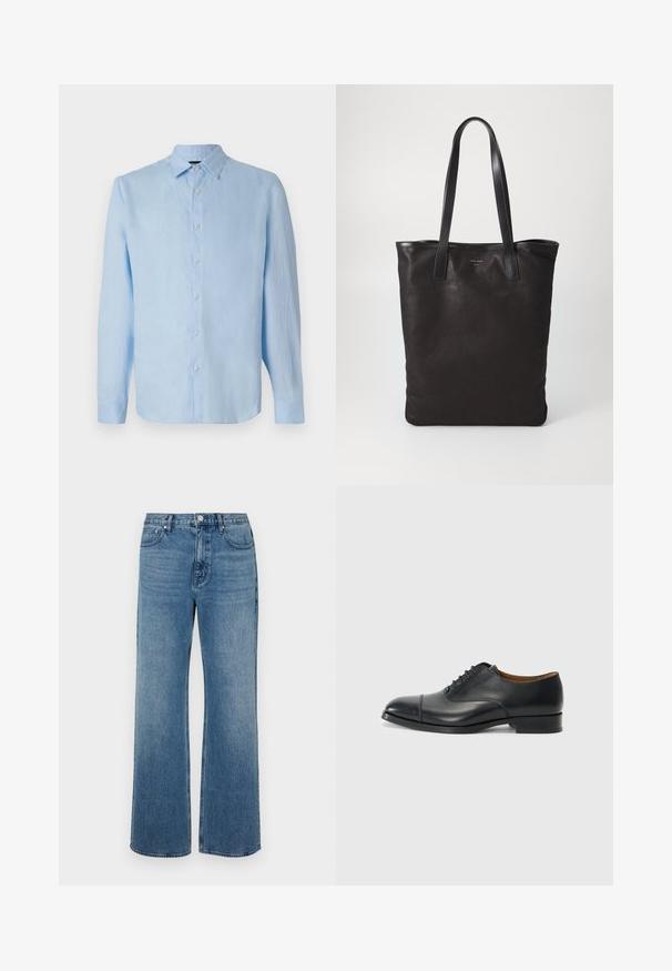Camicia azzurra chiara a maniche lunghe in lino, con abbottonatura frontale, colletto e taglio dritto. Tessuto morbido senza motivi visibili.; Jeans a gamba larga blu in denim con una finitura sbiadita. Presentano cinque tasche, una chiusura con bottone frontale e una vestibilità dritta.; Scarpa da donna nera in pelle con finitura liscia, punta arrotondata, cinque passanti per i lacci e tacco basso a blocco. Design minimalista con cuciture sottili.; Borsa tote in tela nera con manici in pelle nera. Design semplice, corpo spazioso e texture liscia. Nessun logo o motivo visibile.