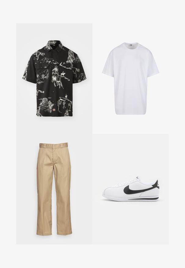Kortermet svart skjorte med cowboy-tema mønster i hvitt, med to brystlommer og knappelukking.; Hvit bomull t-skjorte med korte ermer, rund utringning, avslappet passform, og ingen synlige logoer eller mønstre. Glatt tekstur og minimalistisk design.; Kaki bukser med rett ben-design, laget av slitesterk stoff, med en jevn tekstur og doble folder foran for ekstra detaljer.; Hvite skinnsneakers med svart Nike-svung, flate lisser og strukturert gummisåle. Rund tå og polstret krage for komfort.