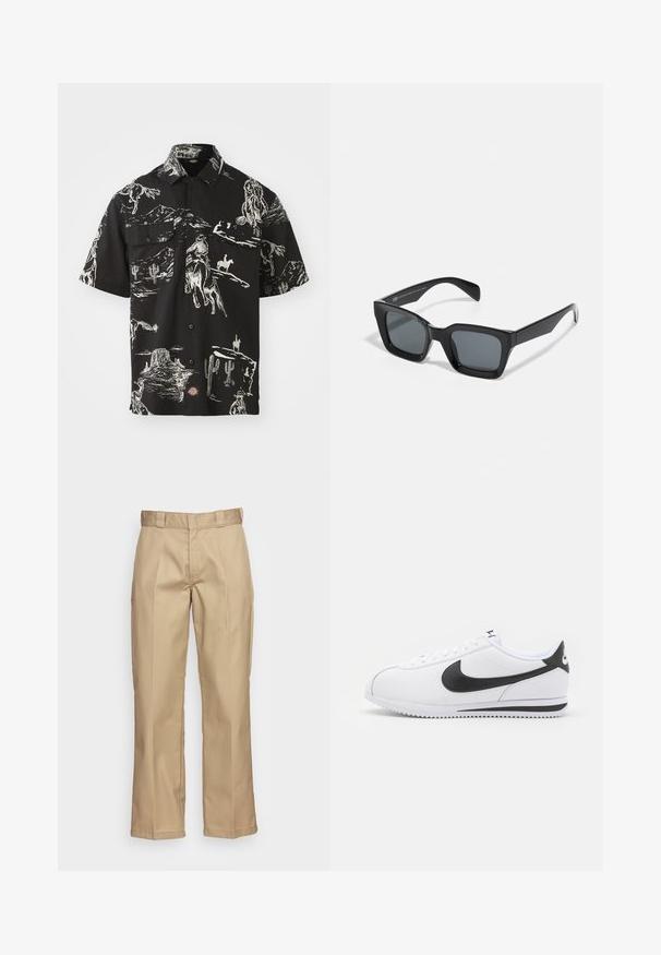 Fekete, rövid ujjú ing cowboy témájú fehér mintával, két mellzsebbel és gombos kialakítással.; Khad színű egyenes szárú nadrág, strapabíró anyagból készült, sima textúrával és dupla redőzött elülső résszel a részletgazdagság érdekében.; Fehér bőr sportcipők fekete Nike swoosh-szal, lapos fűzős rögzítéssel és texturált gumitalppal. Lekerekített orr és párnázott boka rész a kényelem érdekében.; Fekete téglalap alakú napszemüveg sötét lencsék. Műanyag keret fényes felülettel, széles híddal és enyhén kúpos szárakkal.