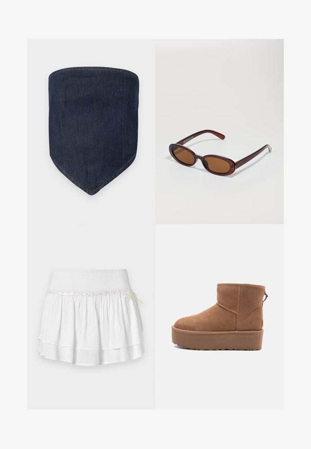 Masca de față din denim albastru închis, cu o formă structurată și un vârf ascuțit. Cusăturile vizibile conturează marginile, oferind un finisaj curat.; Fustă albă în straturi cu talie elastică, având un detaliu texturat de smocking și un accent decorativ cu panglică. Material din bumbac.; Botine din suede de culoare bej, cu talpă platformă, vârf rotund și detalii de cusătură; dispune de un mânere la spate pentru a fi ușor de încălțat.; Ochelari de soare rotunzi, cu nuanțe de brown și cu un cadru lucios de burgund. Brațe subțiri cu detalii subtile de branding. Design cu lentile plate.