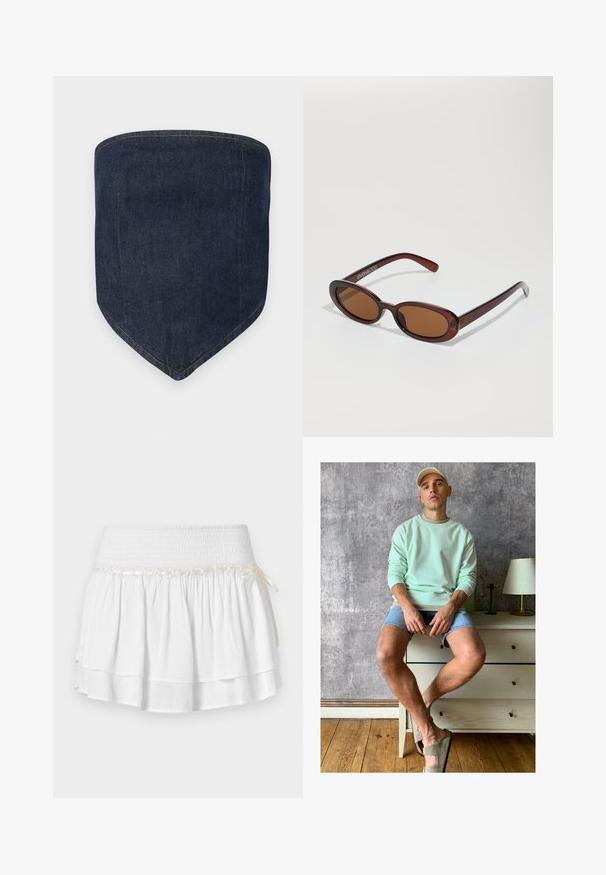 Mørkeblå denim ansigtsmaske med en struktureret form og en spids bund. Synlige stikninger omkranser kanterne, hvilket giver et rent finish.; Hvid tiered nederdel med elastisk talje, der har en tekstureret smocking-detalje og en dekorativ båndaccent. Lavet af bomuldsstof.; Mintgrøn sweatshirt, denimshorts og olivengrønne slip-on sko. Sidder på et lyseget skab mod en struktureret grå væg.; Runde, bruntonede solbriller med en glansfuld bordeauxramme. Slanke arme med diskret brandingdetalje. Flad linsedesign.; Vævet stråkurv med brune læderdetaljer, to håndtag og en aftagelig rem. Buet form med en robust bund.