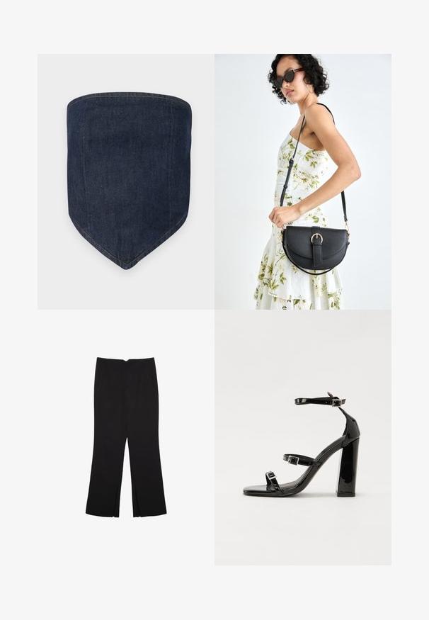 Dunkelblaues Denim-Gesichtsmasken, mit einer strukturierten Form und einer spitzen Unterseite. Sichtbare Nähte sowie die Konturen der Kanten sorgen für einen sauberen Abschluss.; Schwarze Hose mit geradem Schnitt, ausgestattet mit Fronttaschen und Seitenschlitzen am Saum. Hergestellt aus weichem, glattem Stoff. Geeignet für verschiedene Anlässe.; Schwarze patentierte Sandalen mit Absatz, quadratischer Spitze, Knöchelriemen und silbernen Schnallen. Mit einem stabilen Blockabsatz für mehr Stabilität.; Schwarze Lederhandtasche mit geschwungener Form, abnehmbarem Tragegurt und goldenen Beschlägen. Die Tasche verfügt über einen Deckel mit einer Schnallen-Details.