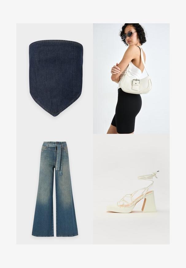 Dunkelblaues Denim-Gesichtsmasken, mit einer strukturierten Form und einer spitzen Unterseite. Sichtbare Nähte sowie die Konturen der Kanten sorgen für einen sauberen Abschluss.; Weit geschnittene Denim-Hosen mit einem Farbverlauf von hellblau zu dunkelblau, hoher Taille, Gürtelschlaufen und einem passenden Stoffgürtel. Strukturierte Denim-Oberfläche.; Weiße High-Heel-Sandale mit einem klobigen Absatz, die über ein Riemchendesign und ein Knöchelband verfügt. Glatte Textur mit einer Plattform vorne für zusätzliche Höhe.; Weiße Lederhandtasche mit geschwungener Form, verstellbarem Tragegurt und einem kleinen Schnallendetail. Das Modell trägt ein enges schwarzes Outfit.