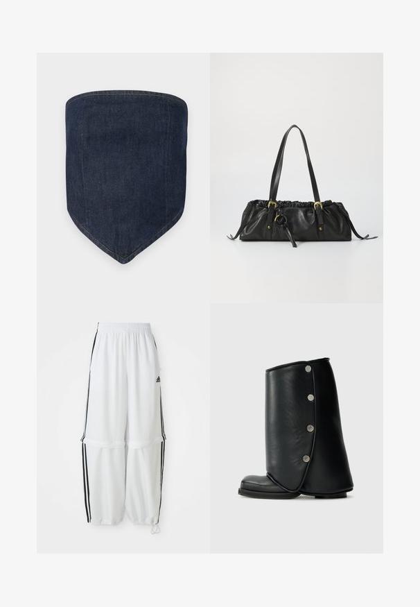 Mascherina in denim blu scuro, presenta una forma strutturata con un fondo appuntito. Le cuciture visibili delineano i bordi, creando una finitura pulita.; Pantaloni sportivi bianchi con una vestibilità comoda, vita elastica e strisce laterali nere. Caratterizzati da tasche con zip e polsini elastici alla caviglia.; Stivaletti in pelle nera con un design curvo, caratterizzati da una punta tondeggiante e bottoni decorativi in argento lungo il lato esterno.; Borsa a tracolla nera in pelle con parte superiore arricciata, due manici, dettagli in metallo dorato e un accent centrale circolare. Texture liscia, forma compatta.