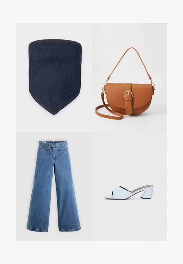 Tumši zils džinsa sejas masks ar strukturētu formu un smailu apakšu. Redzams šuvums ieskauj malas, radot tīru finišu.; Zilas augstās vidukļa plašās bikses ar priekšējiem kabatām, jostu cilpiņām, pogu aizdari un rāvējslēdzēja atvēršanu uz vienkārša fona.; Gaiši zilas atvērtā purngala papēžu mūlas ar ģeometrisku dizainu, kas ietver platu siksnu pāri pēdai un masīvu, stūrainu papēdi.; Brūns ādas plecu soma ar izliekta formu, zelta piederumiem un sprādzes akcentu. Iesaiņota ar noņemamu plecu siksnu.