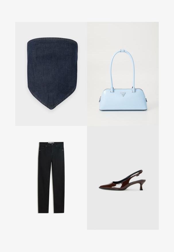 Donkerblauwe denim mondkapje, met een gestructureerde vorm en een puntige onderkant. Zichtbare stiksels omlijsten de randen, wat zorgt voor een nette afwerking.; Zwarte denimbroek met een recht silhouet, vijf zakken, metalen knoopsluiting en subtiele stikdetails. Gladde textuur.; Bruine gepatineerde leren slingback-schoen met een spitse neus en een gematigd hakje. Voorzien van een gespsluiting voor een veilige pasvorm. Glad van textuur.; Lichtblauwe handtas met een gestructureerde vorm, van soepel leer, met twee handvatten en een driehoekig merklogo aan de voorkant. Met ritsluiting.