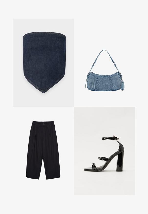 Dunkelblaues Denim-Gesichtsmasken, mit einer strukturierten Form und einer spitzen Unterseite. Sichtbare Nähte sowie die Konturen der Kanten sorgen für einen sauberen Abschluss.; Schwarze Polyester-Culotte mit einem elastischen Bund, zwei vorderen Falten und einer lockeren Silhouette. Keine sichtbaren Muster oder Hardware-Details.; Schwarze patentierte Sandalen mit Absatz, quadratischer Spitze, Knöchelriemen und silbernen Schnallen. Mit einem stabilen Blockabsatz für mehr Stabilität.; Denim-Handtasche mit geschwungener Form, hellblauer Farbe, verstellbarem Schultergurt und einem kleinen abnehmbaren Täschchen mit metallischen Akzenten.