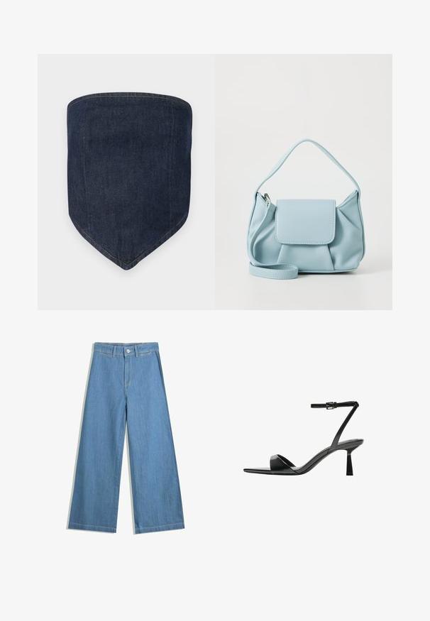 Masca de față din denim albastru închis, cu o formă structurată și un vârf ascuțit. Cusăturile vizibile conturează marginile, oferind un finisaj curat.; Jeans din denim de culoare albastră deschisă, cu croi larg, având închidere cu buton, bucle pentru brâu și detalii de cusătură subtile.; Bershka Sandale cu toc - black; Geantă din piele bleu deschis cu mânere de sus, buzunar frontal cu clapetă și curea detașabilă pentru încheietura mâinii, pe un fundal alb.