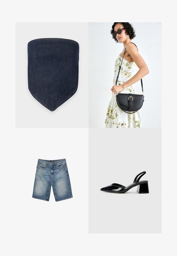 Tamno plavi traper maska za lice, sadrži strukturirani oblik s šiljatim dnom. Vidljivo šivanje ocrtava ivice, stvarajući uredan završetak.; Svijetloplave traper kratke hlače s pojasom s petljama za remen, pet džepova i blago izblijeđenim završetkom za efekat nosenosti.; Crne lakirane kožne sandale s otvorenom petom i špicastim vrhom, s geometrijskom blok petom. Imaju elegantan, minimalistički dizajn i glatku teksturu.; Crna kožna torba s lukovitim oblikom, odvojivim remenom i zlatnim detaljima. Torba ima preklop s kopčom.