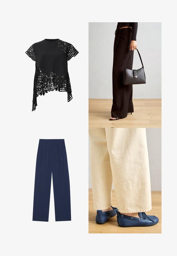 Black top with short sleeves, featuring a mix of solid fabric and intricate lace with floral patterns, and a grid-like design on one side.; Navy blue wide-leg pants made of soft fabric, featuring front pleats, a smooth texture, and a straight fit with no visible pockets.; Blue leather shoes with a smooth texture, lacing detail, and silver eyelets, paired with cream-colored, loose-fitting pants.; Black handbag with structured shape, smooth texture, and a metallic clasp. Paired with wide black pants and open-toe sandals on wooden floor.